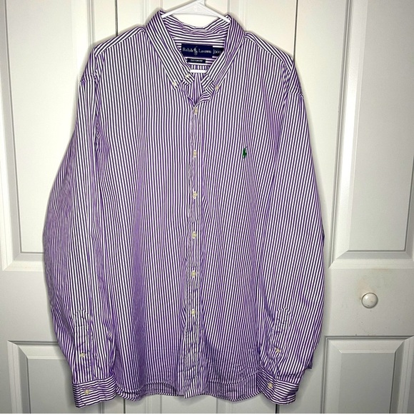 Ralph Lauren Purple Striped Button Up Green Pony Size XXL 2XL Button Collar - Picture 1 of 6
